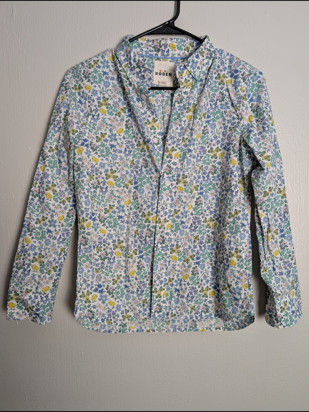 Mini Boden Floral Button-Down Shirt in White, Blue, Green, Yellow